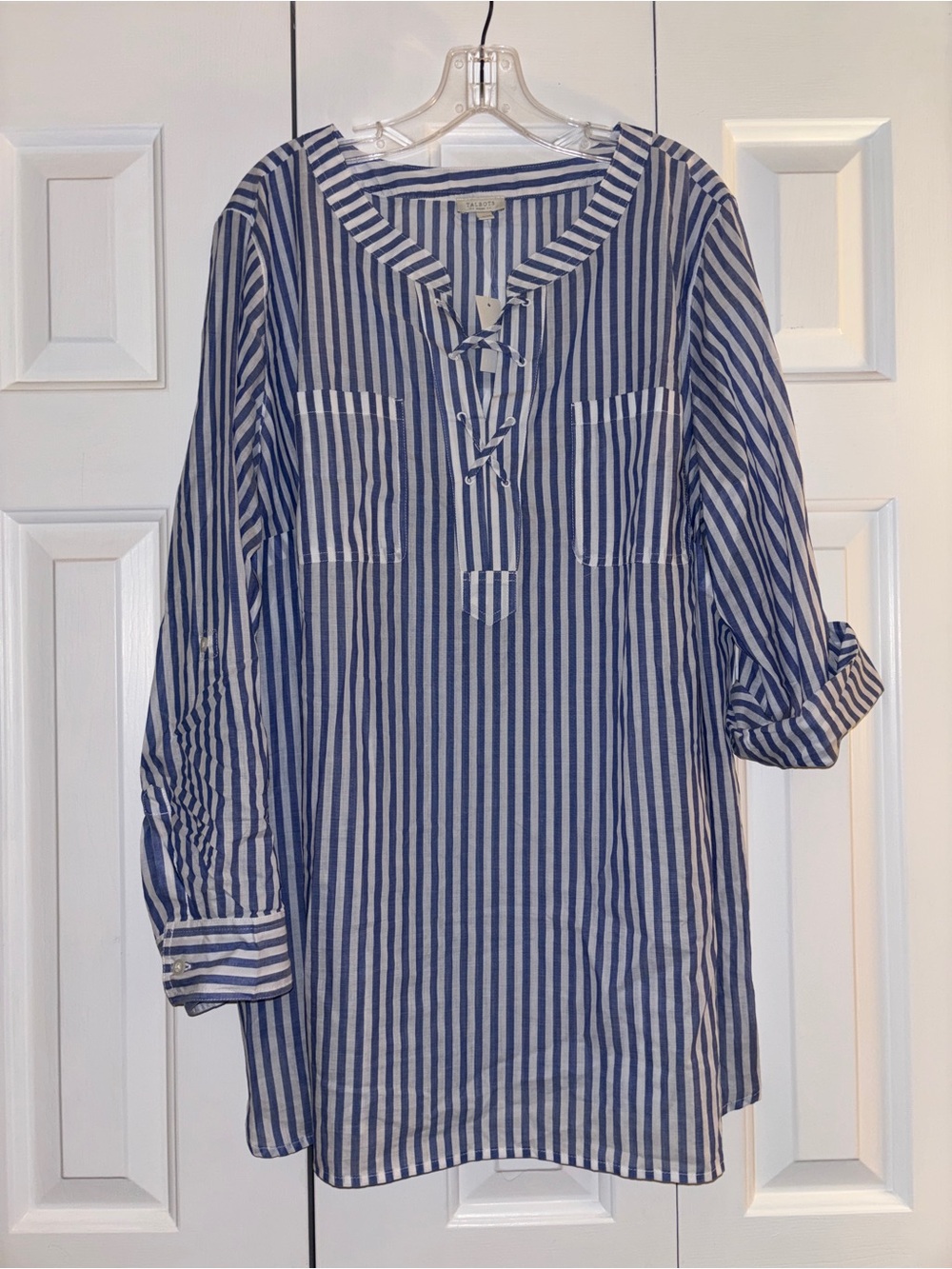 NWT Talbots Lace Up Blue Stripe Cotton Tunic Top w/ Pockets 2X